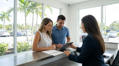 Close-up of a person signing paperwork at a car rental counter in Florida
