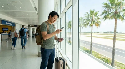 Traveler loading a suitcase into a car rental vehicle parked near palm trees in Miami