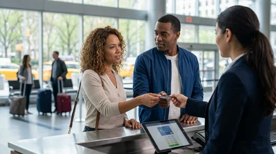 Customer handing a credit card to an agent at a car hire desk in New York