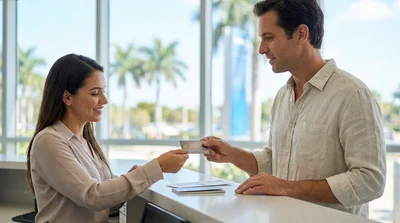 Customer handing an embossed credit card to an agent at a Florida car hire counter