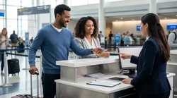 Man handing a credit card to an agent at a car rental counter in the United Estates