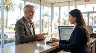 Senior man driving a white car rental along a sunny coastal highway in California
