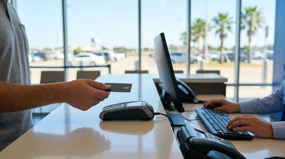 Customer handing a credit card to an agent at a car rental desk in Texas