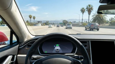 Dashboard view from inside a modern car rental driving on a sunny Los Angeles freeway