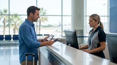 Traveler receiving keys at a car rental counter inside a Los Angeles airport terminal