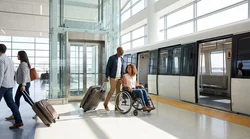 Wheelchair user navigating a step-free walkway at the San Francisco airport car rental center