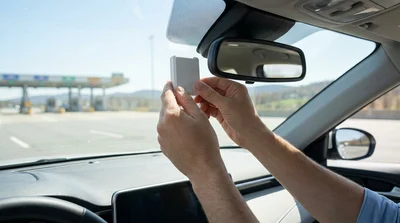 Electronic E-ZPass toll tag on the windshield of a car rental driving in Pennsylvania