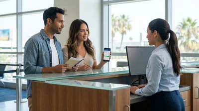 Traveler showing a digital booking on a smartphone at a car hire desk in Los Angeles