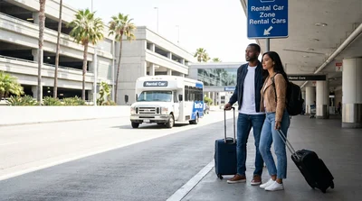 Travelers with luggage boarding a car rental shuttle bus outside Terminal 5 in Los Angeles