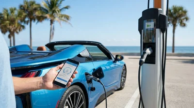 Person using a smartphone next to a plugged-in electric car rental at a sunny Florida charging station