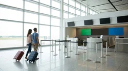 Travellers with luggage waiting in a queue at the Hola car hire desk inside JFK Airport in New York