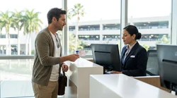 Close-up of a person presenting a driver's license at a car hire desk in Miami