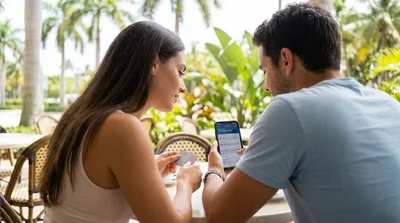 Close up of a person paying with a credit card at a car hire desk in Miami