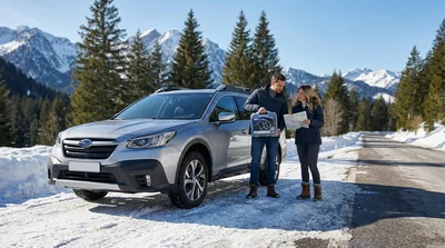 White SUV car rental equipped with snow chains driving on a snowy mountain road in California