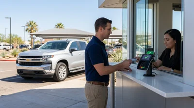 Customer presenting a credit card to an agent at a Texas car rental counter