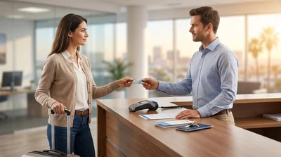 Customer handing a credit card to a clerk at a car rental desk in Texas