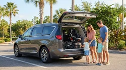 Open trunk of an SUV car rental in Orlando containing two child seats and a folded pushchair