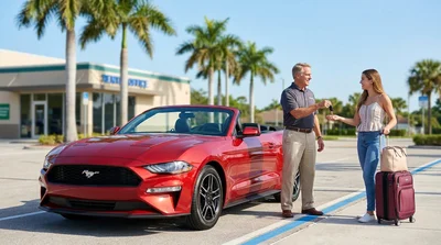 Older man and young adult standing next to a car hire on a sunny coastal road in Florida