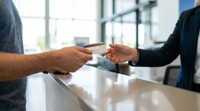 Customer handing a physical credit card to an agent at a car rental counter in Pennsylvania