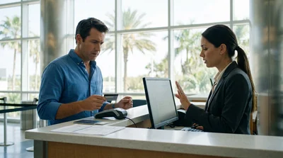 Customer receiving keys from an agent at a car hire desk in a Florida airport