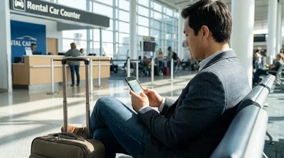 Person checking a smartphone map behind the steering wheel of a New York car rental