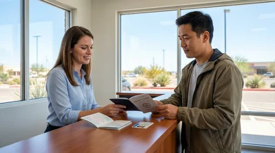 Person handing a driving licence to an agent at a car rental counter in Texas