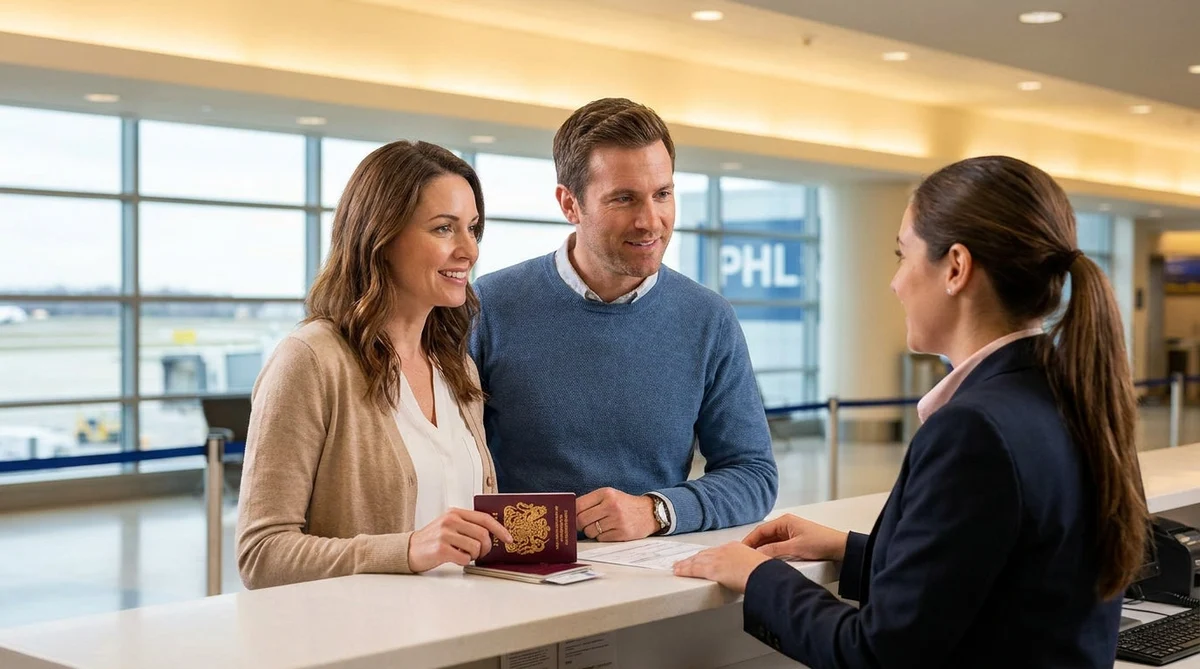 Traveler presenting travel documents at an airport car rental counter in Pennsylvania