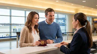 Traveler presenting travel documents at an airport car rental counter in Pennsylvania