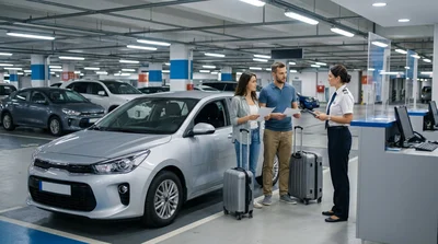 Traveler receiving keys at an airport counter for a car rental in New York