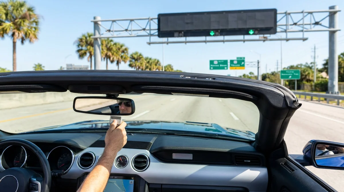 View of a SunPass toll plaza on a Florida highway through the windshield of a car rental
