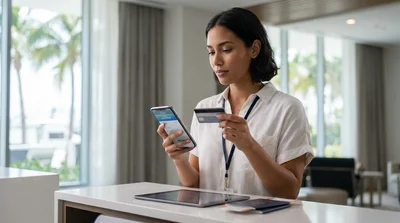 A person handing a credit card to a customer service agent at a car hire desk in Miami