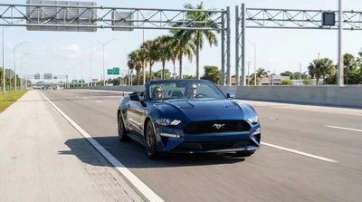Person driving a car rental under an express lane toll sign on a sunny Florida highway