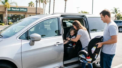 Rear-facing child safety seat installed in the back of a car rental in California