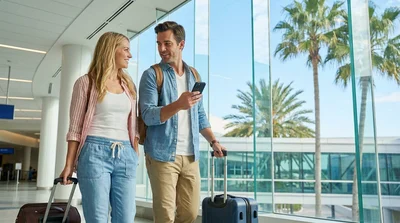 Traveler showing a smartphone to an agent at an Orlando car hire counter