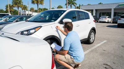 Person checking a document against the license plate of a parked car rental in Florida