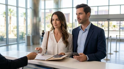 Traveler handing documents to an agent at a Las Vegas airport car rental desk