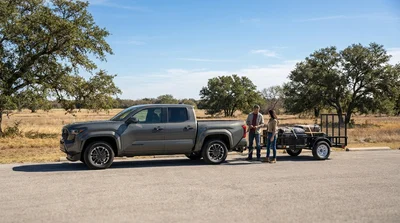 White SUV car rental towing a small trailer along a sunny desert highway in Texas