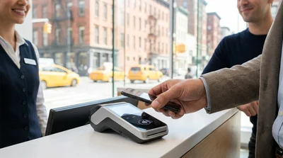 Customer tapping a smartphone on a payment terminal at a car hire desk in New York