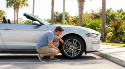 Close-up of a scratched alloy rim on a car rental parked in a sunny Florida lot
