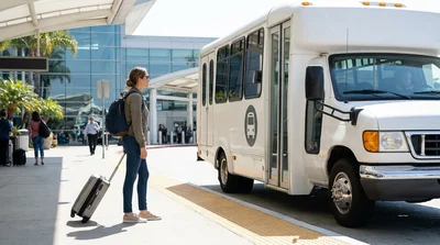 Travelers with luggage boarding a car rental shuttle bus outside Terminal 1 at the San Francisco airport