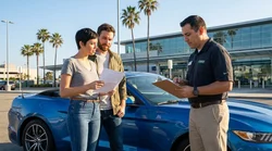 Customer receiving keys for a car rental at a bright service counter in California