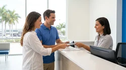 Customer handing a credit card and documents to an agent at a Miami car rental desk