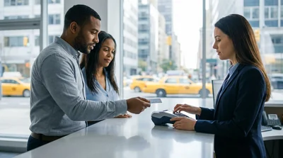 Close up of hands passing a credit card at a New York car rental counter