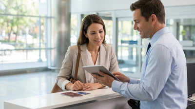 Customer signing a document at a car rental desk in Pennsylvania