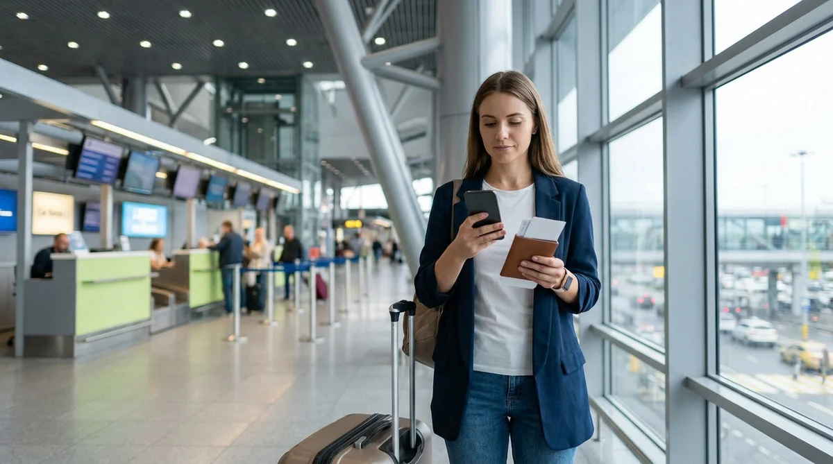 A traveler receiving keys at a car hire desk in a New York airport
