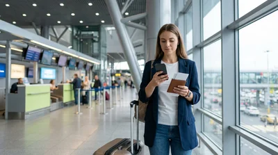 A traveler receiving keys at a car hire desk in a New York airport