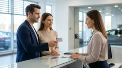 Customer handing a driving license to an agent at a car rental desk in Pennsylvania