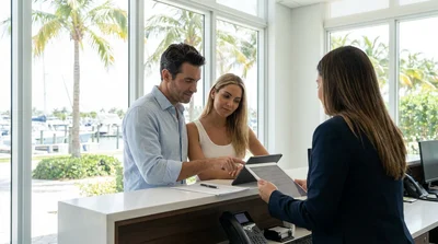 Driver holding keys next to a white car rental parked under palm trees in Miami
