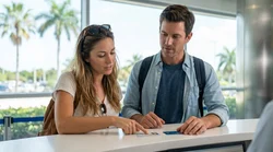 Person handing a driving licence to an agent at a car hire counter in Florida