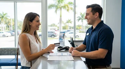 Person unlocking a white car rental parked on a sunny street with palm trees in Orlando